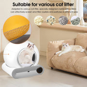 Smart self-cleaning cat litter box with crystal lattice filters compatible with various types of cat litter in modern living room.